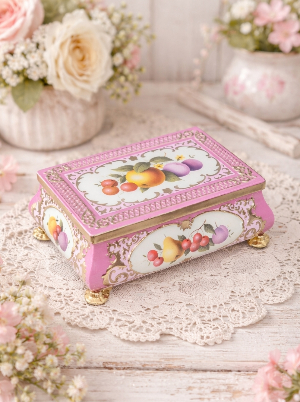 Vtg Fricke & Nacke West Germany Footed Metal Trinket Tin Pink Fruit Litho